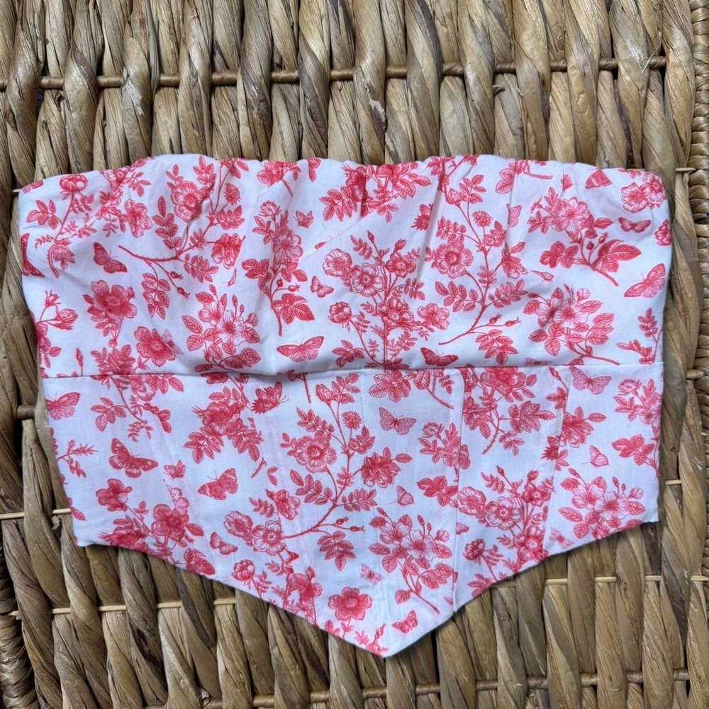 Princess Polly Red White Floral Toile Corset Tube Top Strapless Crop Top US 2